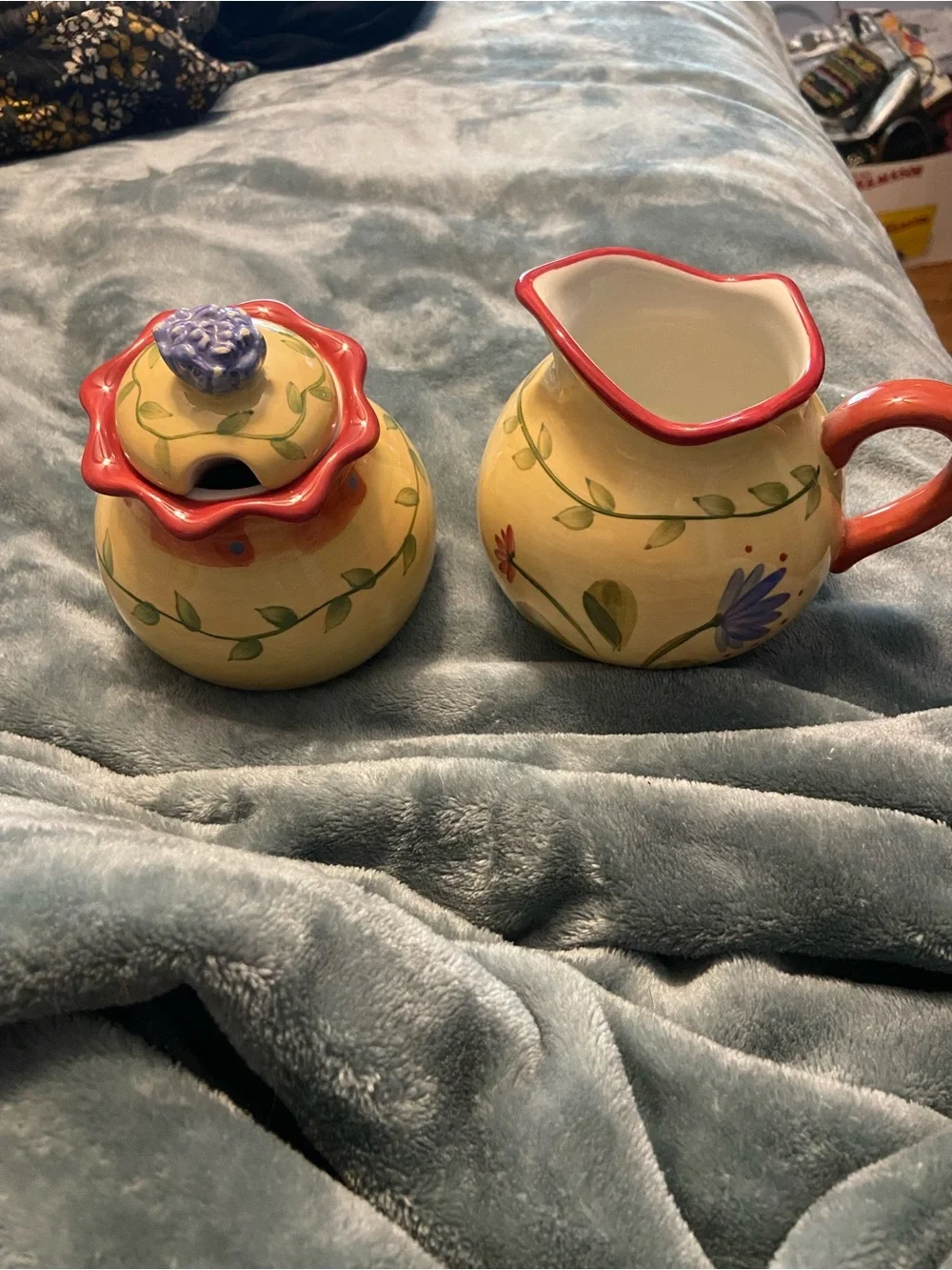 Pfaltzgraff Yellow Floral Creamer and Sugar Set with Red Trim